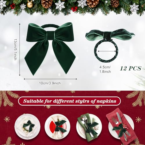 Gandeer Dark Green Velvet Bow Napkin Rings Set of 12 for Wedding Holiday Dinner