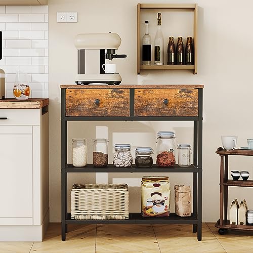 Narrow Console Table with 2 Fabric Drawers & 3-Tier Shelves - Rustic Brown