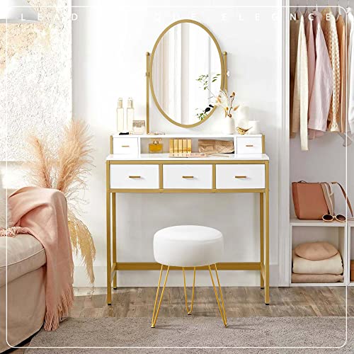 Round Velvet Vanity Stool with Gold Metal Legs, 18-Inch Footrest Ottoman