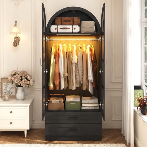 75" Arched Armoire Wardrobe with Glass Doors, 2 Drawers and LED Light