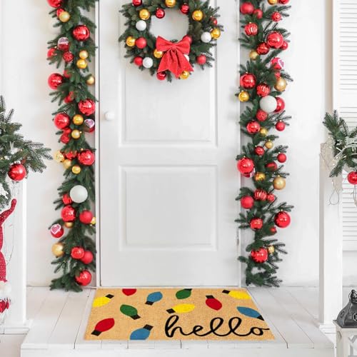 Christmas Coir Doormat with Colorful Xmas Light Bulbs - Indoor Outdoor Entrance Rug, 16.5 x 29 inches