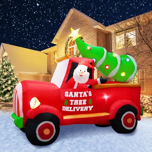 7Ft Christmas Inflatable Santa Driving Truck with Lights, Yard Decoration