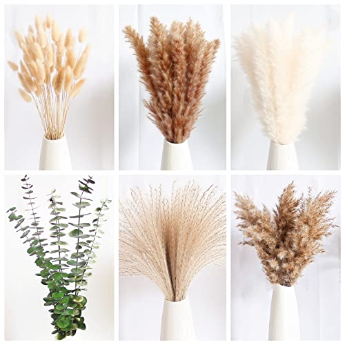 110 Pcs Boho Dried Pampas Grass Bouquet with Eucalyptus & Bunny Tails