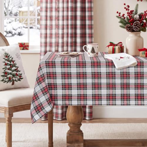 Softalker Christmas Plaid Tablecloth Rectangle 60 x 102 inches, Red & White Festive Decor
