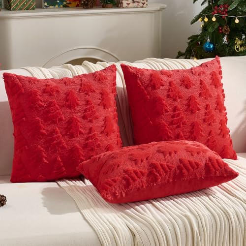 HAUSSY Christmas Throw Pillow Covers 12x20 Set of 2, Decorative Tree Lumbar Pillow Cases,Soft Faux Fur Winter Cushion Case for Xmas Home Decor,Couch Bed, Living Room,Red