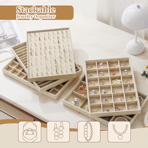 Stackable Velvet Jewelry Tray Organizer, 16-Grid Drawer Inserts (2 Pack)