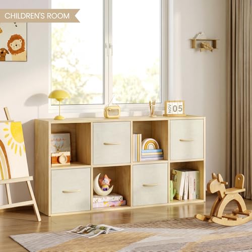 8-Cube Solid Wood Storage Organizer with 4 Foldable Fabric Bins