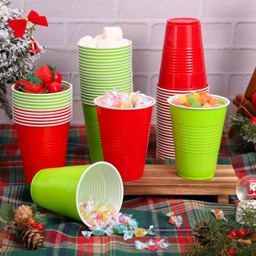 Green & Red 16oz Christmas Plastic Cups, 100-Pack, Stackable Disposable Party Cups