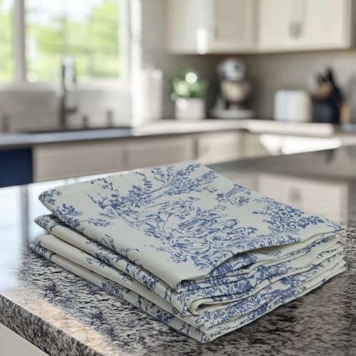 French Country Toile Kitchen Towels - 100% Cotton Blue Dish Towels - 4 Pack
