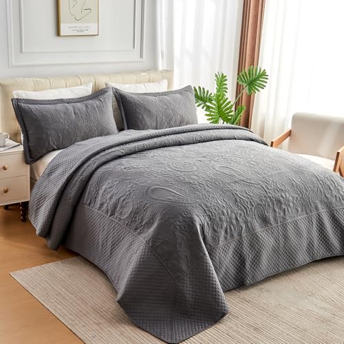 ECHODRM Oversized King Quilt Set 120x118 Dark Grey Floral Microfiber Bedding