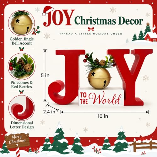 Joy to the World Wooden Christmas Decor Sign with Bell, Farmhouse Red
