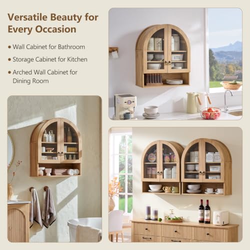 24-Inch Arched Bathroom Wall Cabinet with Adjustable Shelves, Natural Oak