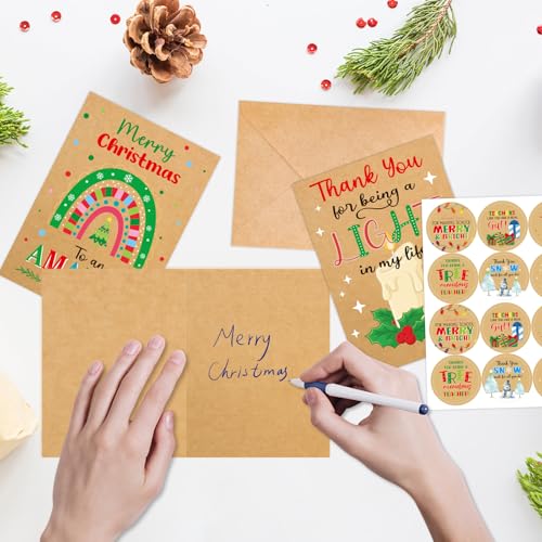 Kraft Christmas Thank You Cards for Teachers - 12 Pack Holiday Appreciation Cards with Envelopes & Stickers