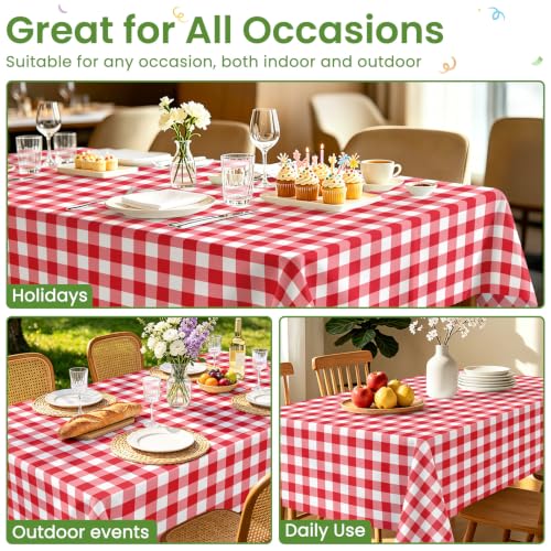 LIKAJON 6 Pack Red Gingham Plastic Tablecloth 54 x 108 Inches - Disposable, Waterproof