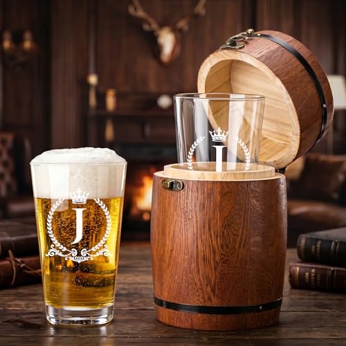 Personalized 16oz Monogrammed Beer Glass with Vintage Wooden Barrel Gift Box