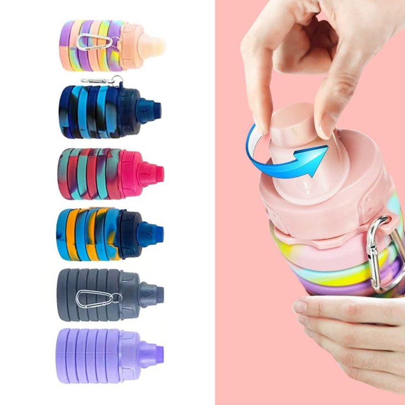 konlongzan Collapsible Water Bottles 3 pack Travel Water Bottle Portable Hiking Water Bottle with Leak proof Twist Cap 500ML Reusable BPA Free Silicone Water Bottles with Carabiner. (Colorful)