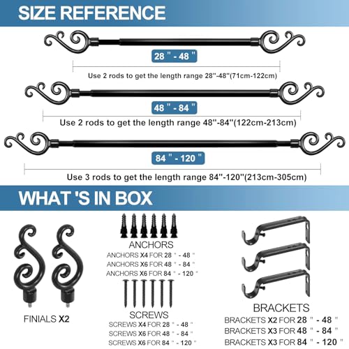 Adjustable Scroll Finial Curtain Rod Set, 5/8-inch, Black, 48-84 Inch