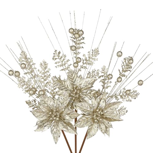 Oairse Champagne Artificial Poinsettia Flowers Picks 3 Pack Christmas Decor