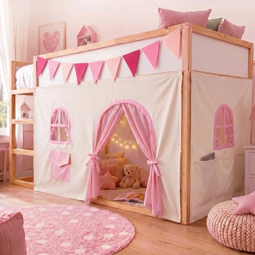 3-Panel Bunk Bed Curtain Set with Felt Pennant for Loft Bed Playhouse