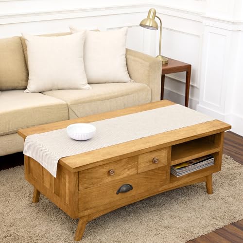Solino Home Natural & White Linen Table Runner 14 x 48 inches - Handcrafted European Flax