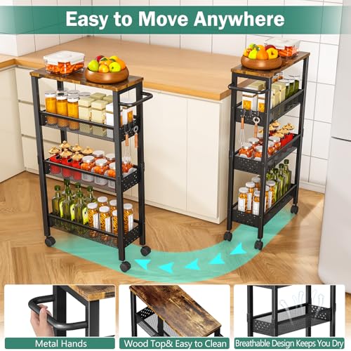 4-Tier Slim Utility Rolling Cart with Wheels & Wood Top - 7.1" Narrow Organizer