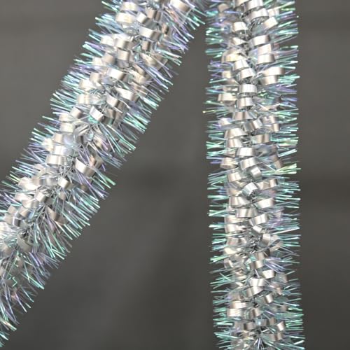 Psoeksdo 33ft Iridescent Silver Tinsel Garland - Glittering Christmas Decor for Indoor Outdoor