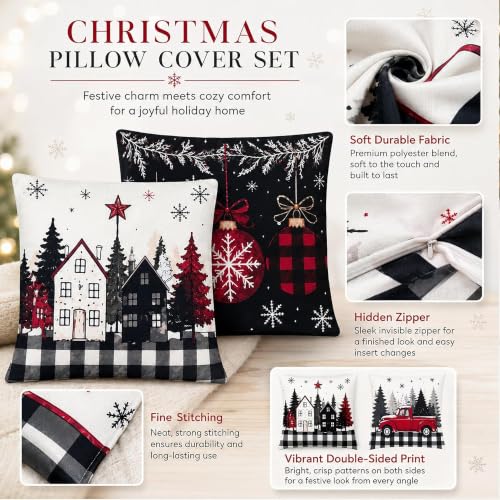 OHOME Christmas Decorations - Set of 4 Double-Sided Print Pillow Covers, Red & Black