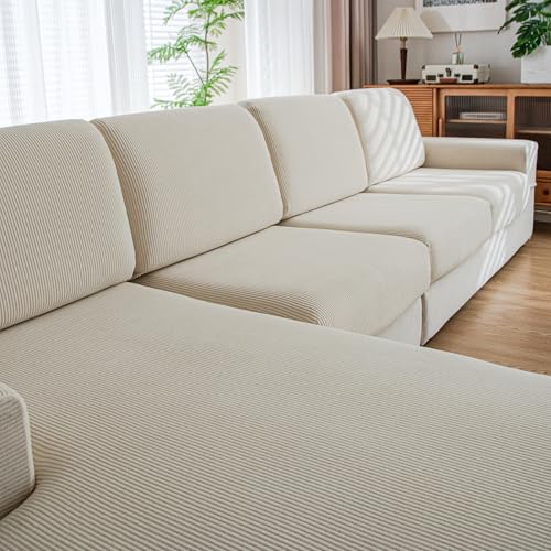 Washable Stretch Sofa Cushion Covers for Sectional & L-Shaped Sofas (2 Seat + Chaise, Ivory)