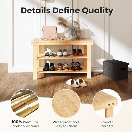 3-Tier Bamboo Shoe Rack Bench, Entryway Storage Organizer Seat