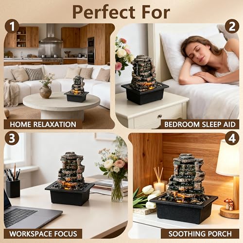 Indoor Tabletop Meditation Waterfall Fountain with LED Lights & River Rocks