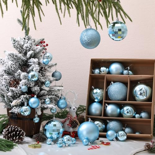 Wettarn Ice Blue 50 Pcs Shatterproof Christmas Ball Ornaments - 4/3.2/2/1.2'' with Matte, Shiny, Disco Mirror & Glitter Finishes