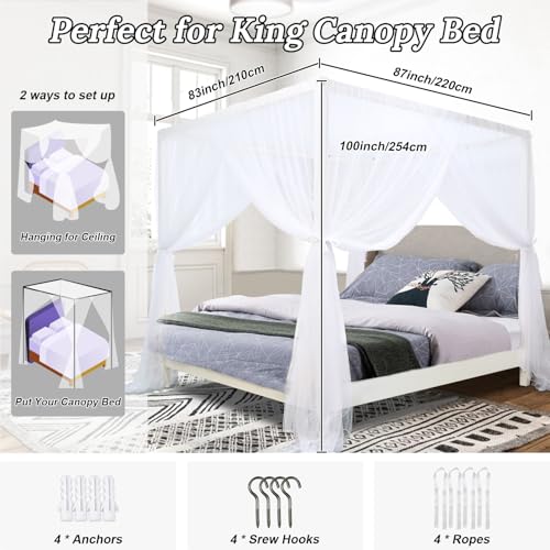 4 Corner Post Canopy Bed Curtains for King & Queen Beds, Soft White