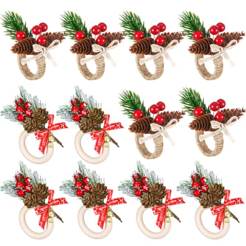 Geiserailie 12 Pcs Christmas Pine Cone Napkin Ring Holders, Red & White