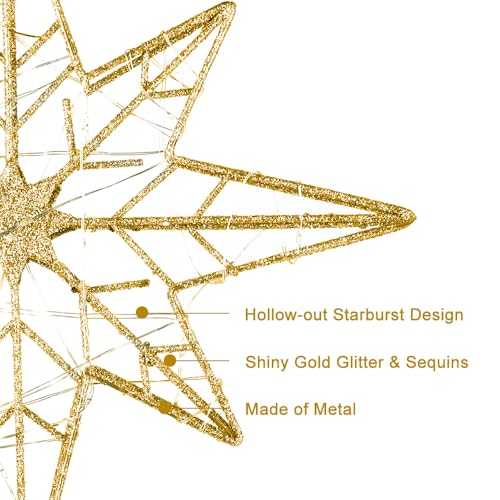 Lighted Gold Christmas Tree Topper - 11 Inch 30 LED 8-Point Star with Timer