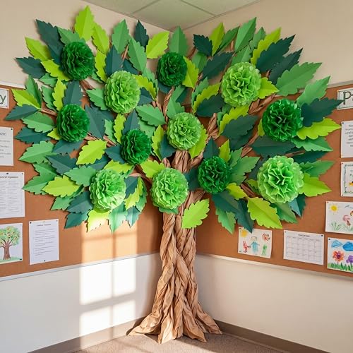 114-Piece 3D Classroom Tree Bulletin Board Set with Paper Leaves and Pom Poms
