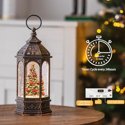 10.5-Inch Musical Christmas Tree Snow Globe Lantern with Cardinals