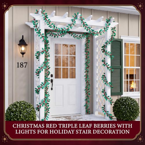 2 Pack Christmas Holly Garlands with Red Berries, 33 ft Total