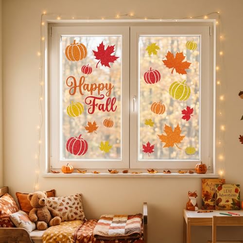 Glitter Fall Window Clings - 6 Sheets Autumn Harvest Thanksgiving Decals
