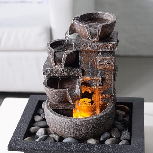 4-Tier Tabletop Indoor Water Fountain - Resin Rock Waterfall Decor
