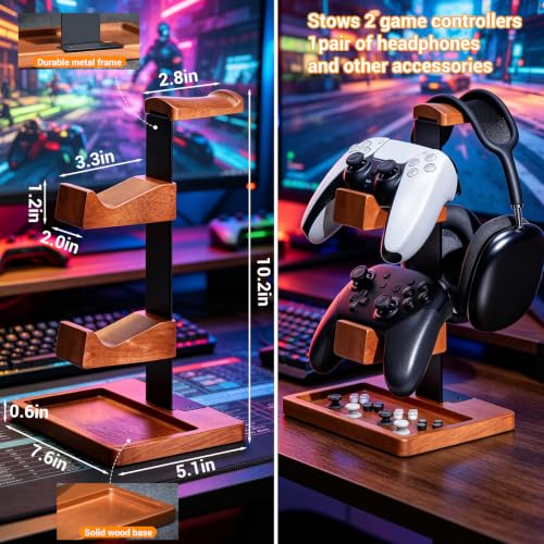 Solid Wood Gaming Controller and Headset Stand with Accessory Tray