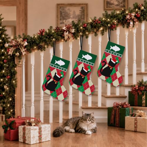 LRyeisahh Black Cat Christmas Stockings, Plaid Linen 17in Xmas 20 Variation