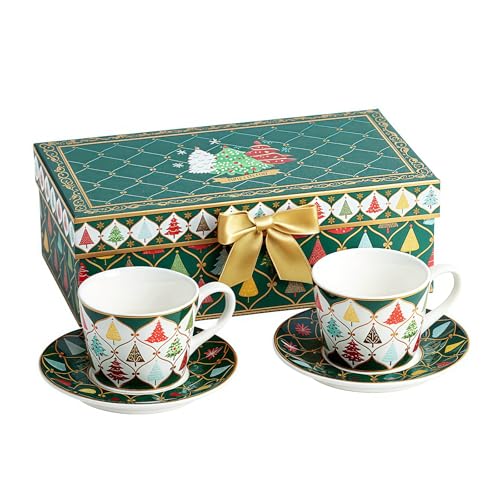 Fruasio Christmas Tree 2-Piece Espresso Cups & Saucers Set, 4 oz Ceramic Teacups with Green Gold Holiday Pattern (Gift Box)