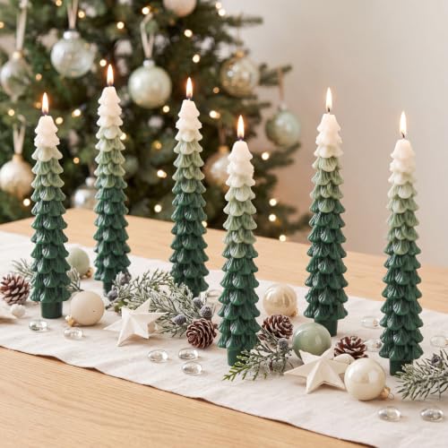 Funtery 6-Pack 10 Inch Layered Christmas Tree Candles in Forest Green Ombre - Real Wax