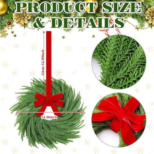 Set of 4 Mini Christmas Cabinet Wreaths, 15-Inch Norfolk Pine with Red Bows
