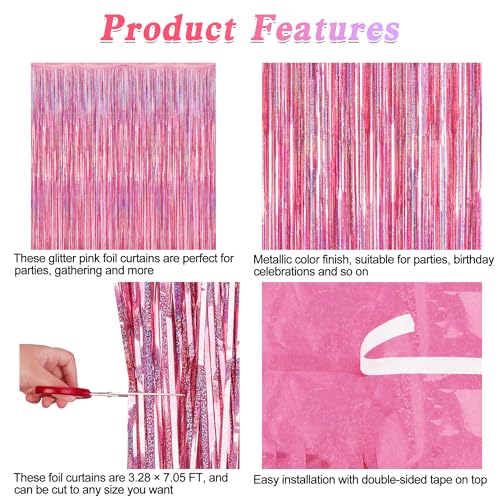 ZATAYE 2 Pack Glitter Pink Fringe Curtains Foil Tinsel Photo Backdrop
