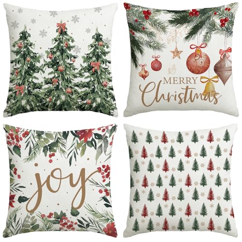 YOSICHY Christmas Pillow Covers 18x18 Inch Set of 4 Red Green Holiday Decor