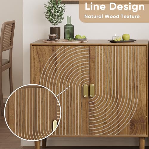 Walnut Wood Sideboard Cabinet with Adjustable Shelf and Line Groove Design