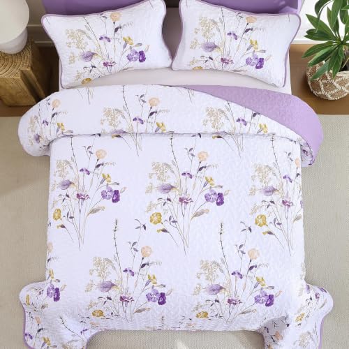 Light Purple Floral Quilt Set Queen - 3 Piece Reversible Bedspread with Shams