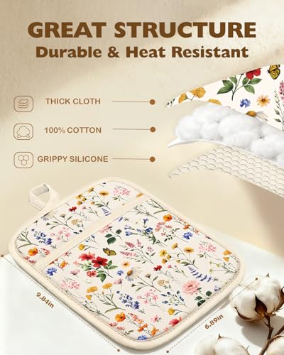 Silicone and Cotton Pot Holders with Pockets - Heat Resistant Hot Pads, 2 Pack