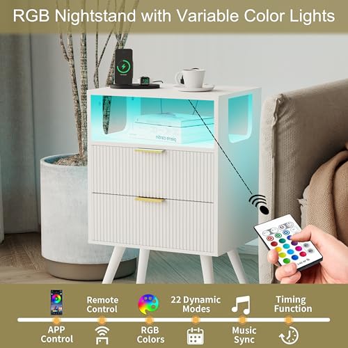 Modern White Nightstand with Charging Station, 2 Drawers and LED Lights